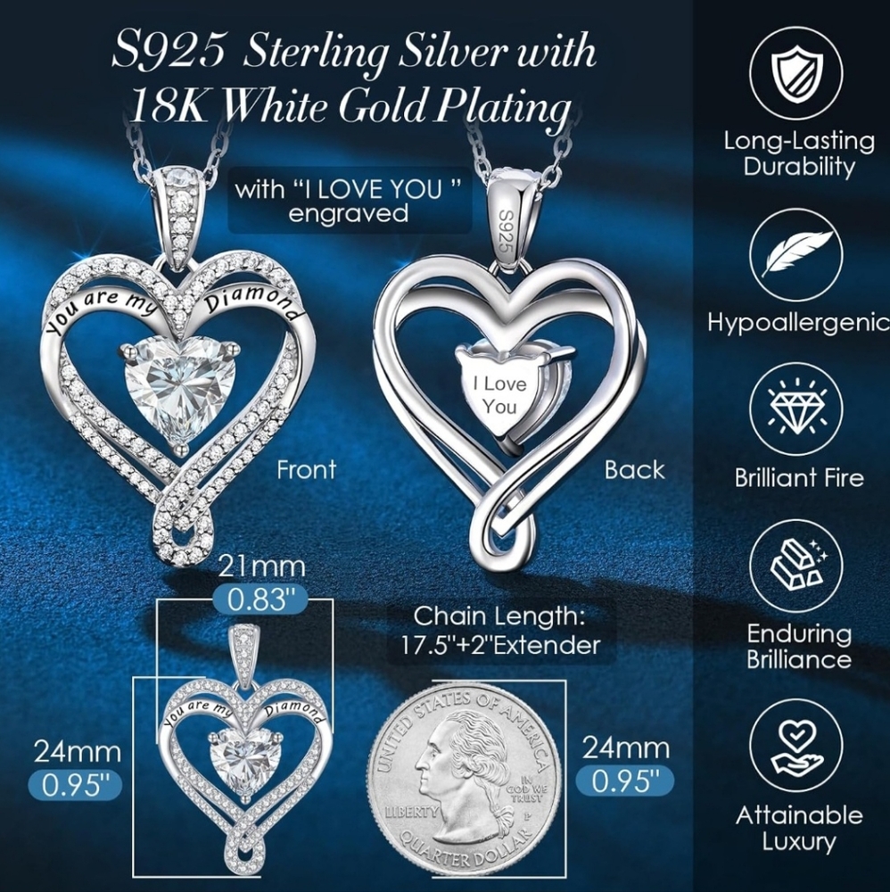 Moissanite Diamond Infinity Heart Necklace White Gold Plated 925 Sterling Silver